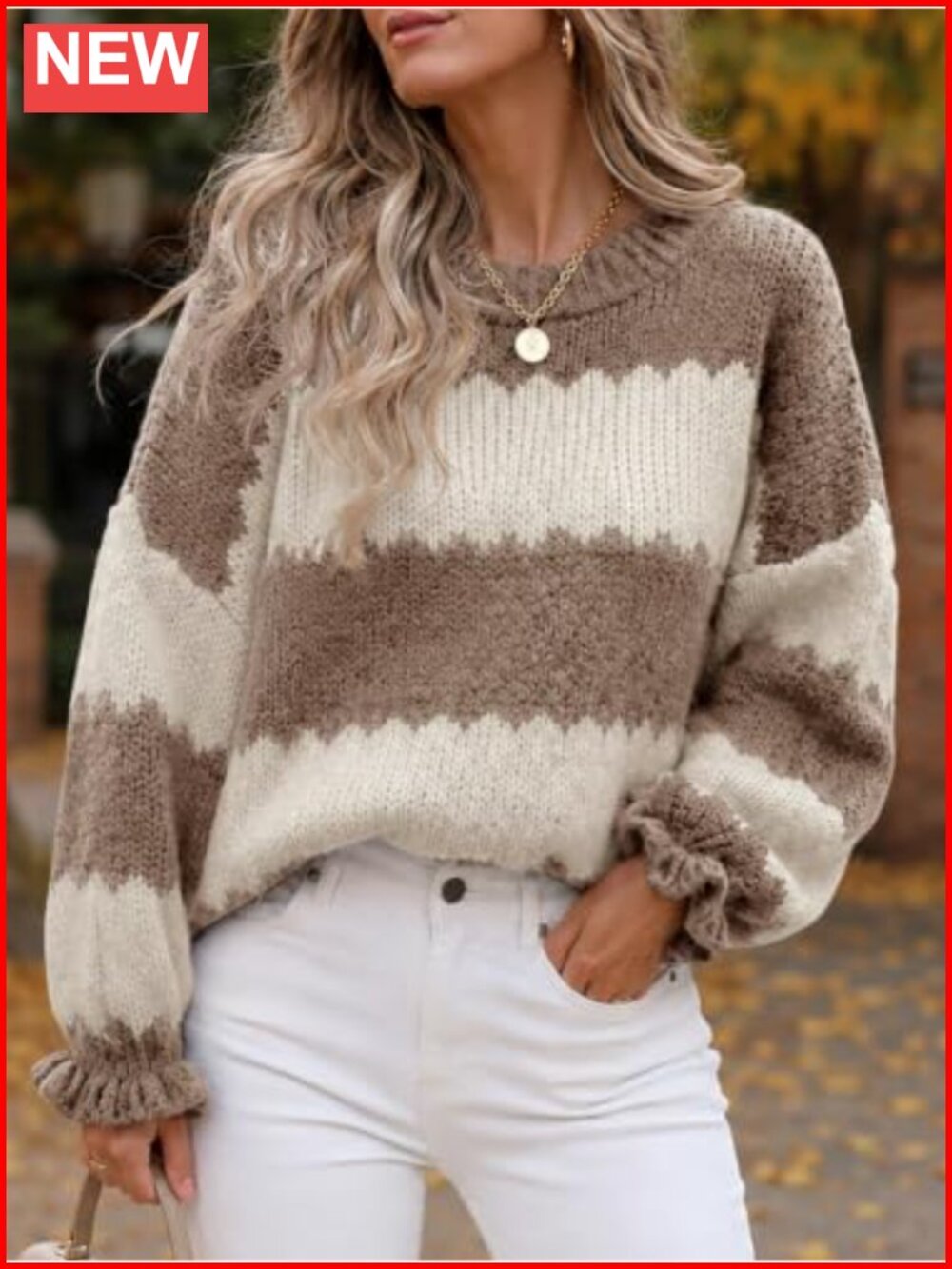 Striped Color Block Ruffle Sleeve Pullover Sweater Womens Loose Ribbed Knit - Picture 2 of 6